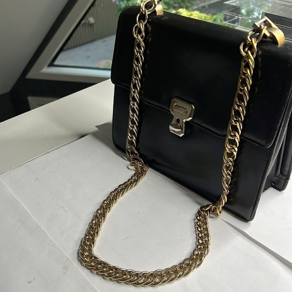 Gucci 1970’s Structured Black Leather Handbag on 18” Chain - Picture 9 of 16
